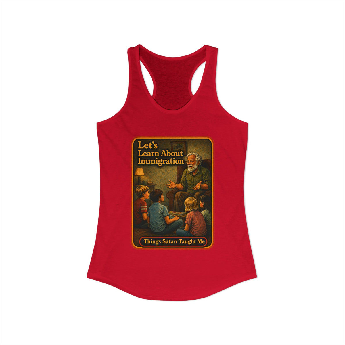 Let's Learn About Immigration Racerback Tank in Red, view 2