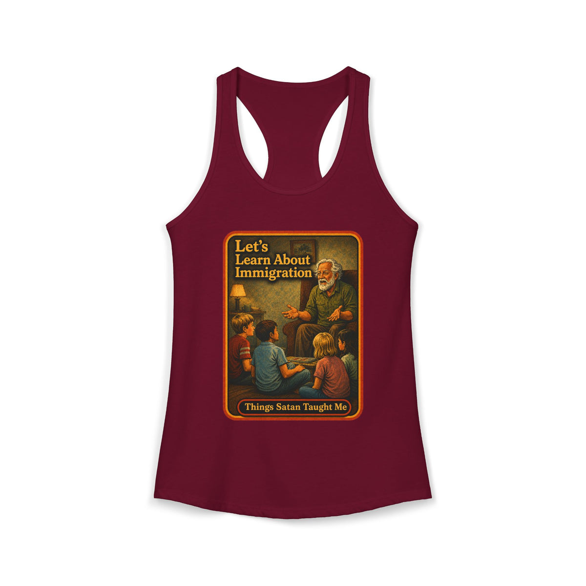 Let's Learn About Immigration Racerback Tank in Cardinal Red, front