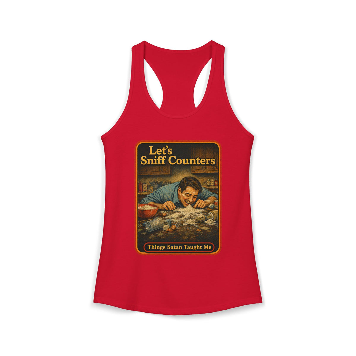 Let's Sniff Counters Racerback Tank in Red, front