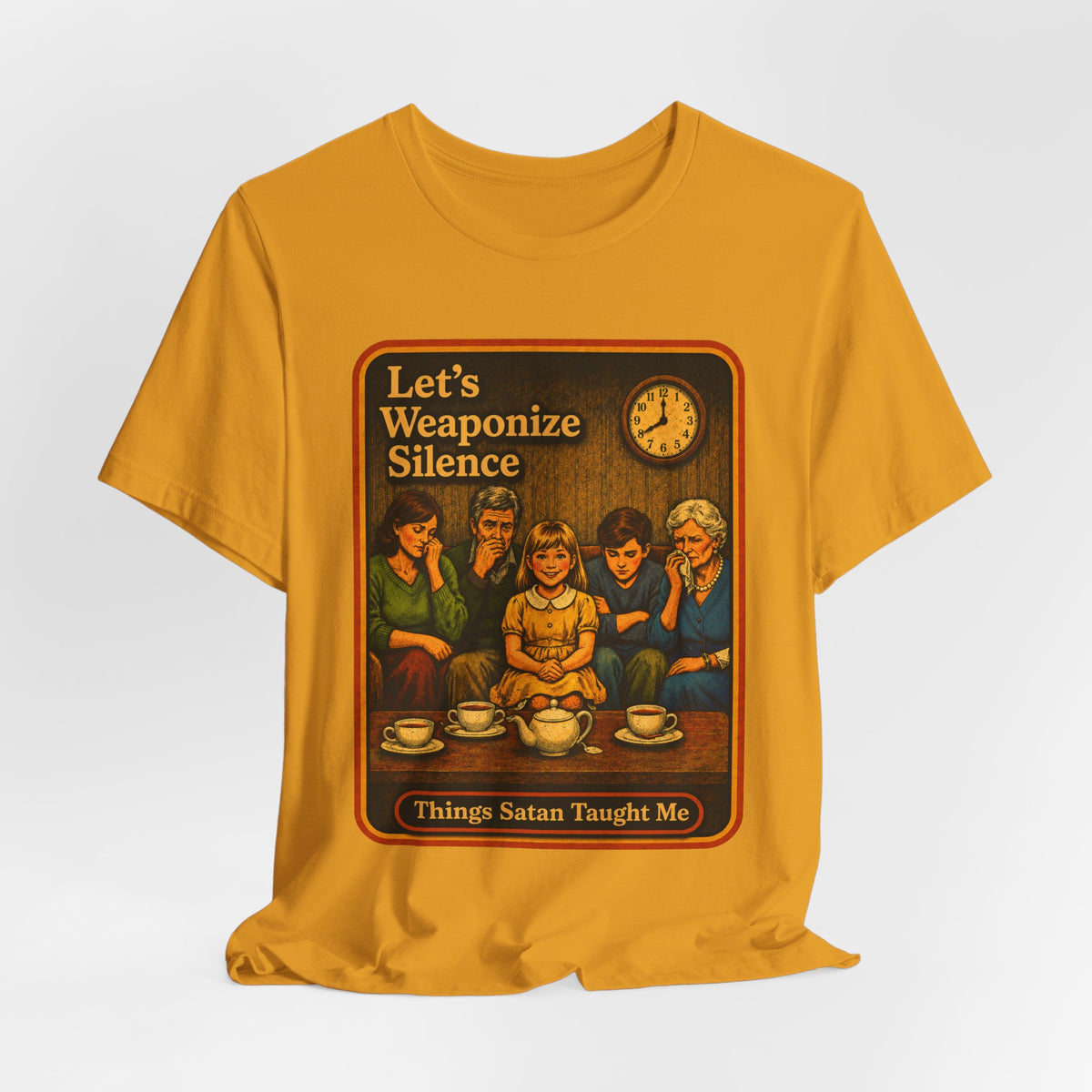 Let's Weaponize Silence Unisex Tee in Mustard, view 4