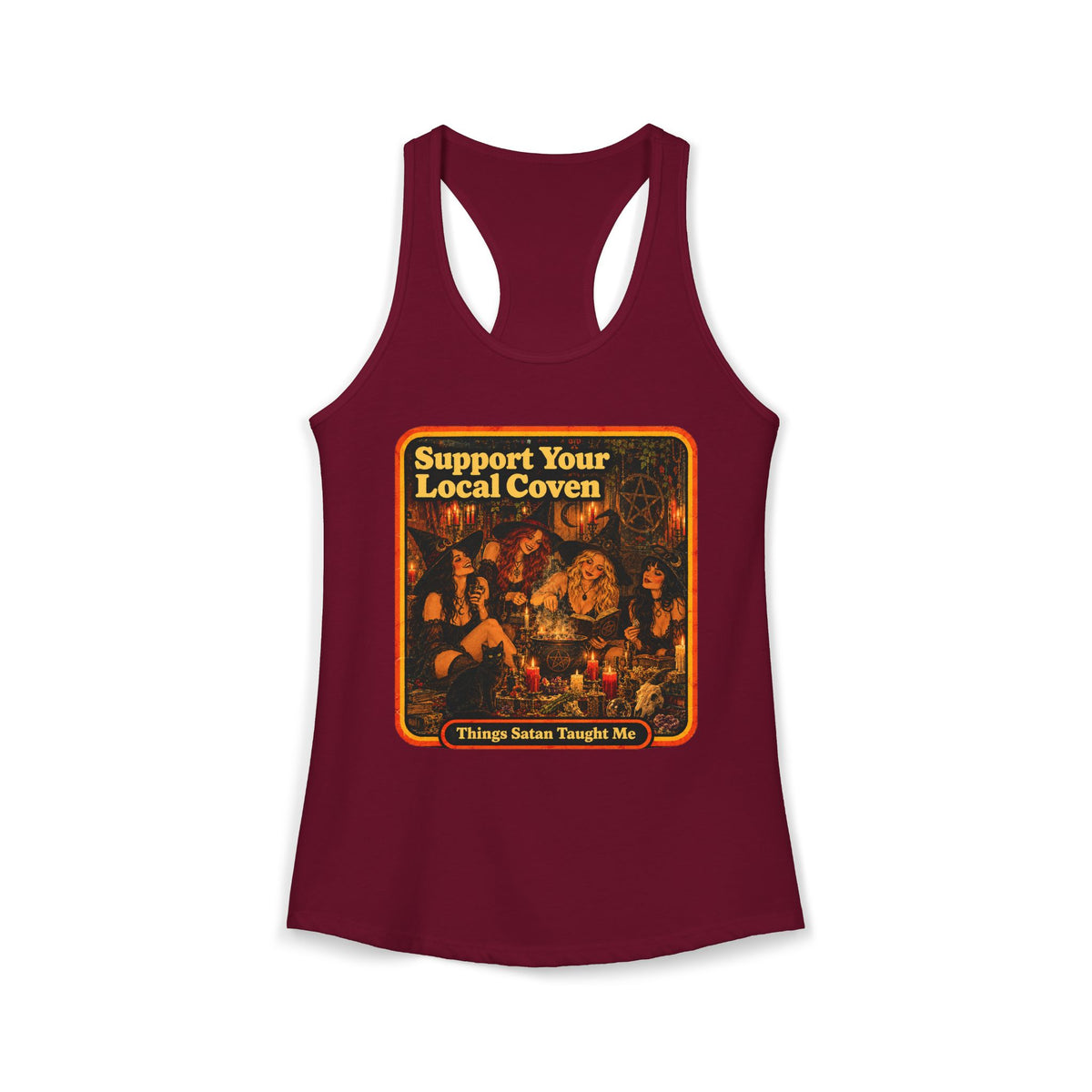 Support Your Local Coven Women's Racerback Tank | Things Satan Taught Me  in Cardinal Red, front