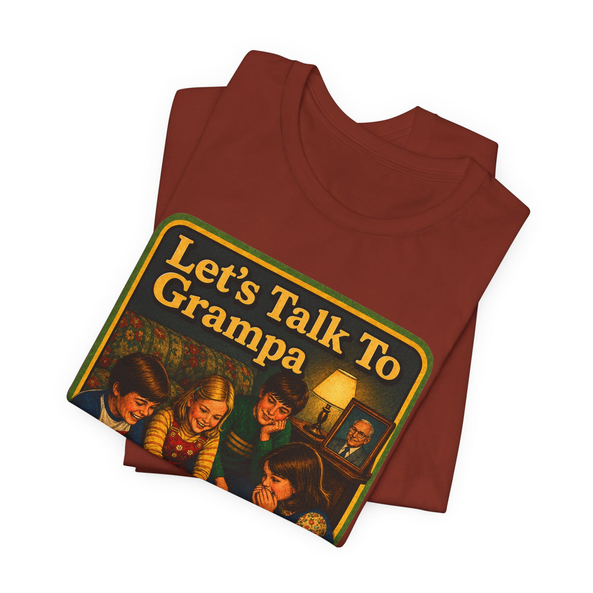 Let's Talk To Grampa Unisex Tee in Rust, view 3