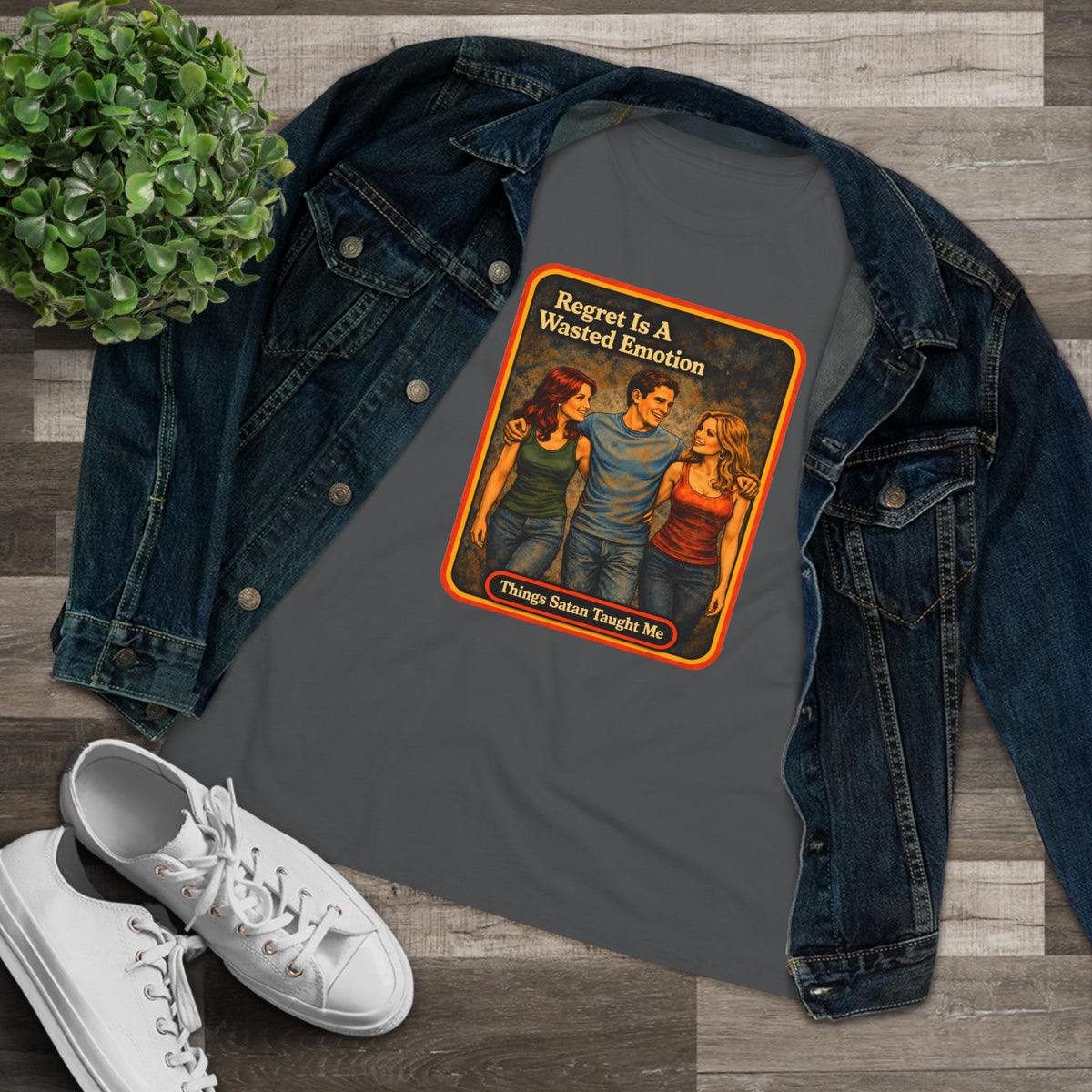 Regret Is A Wasted Emotion Women's Tee in Asphalt, view 3