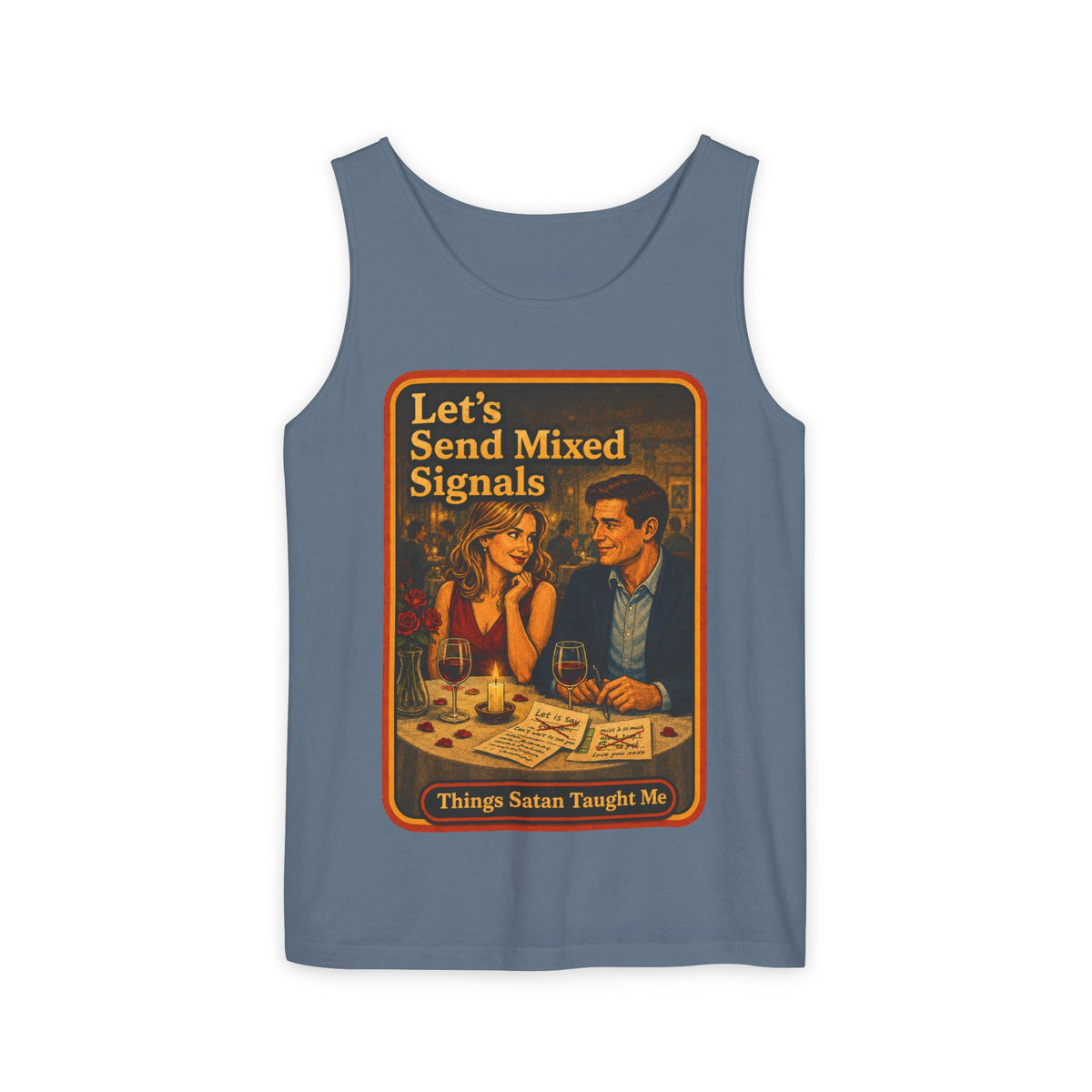 Let's Send Mixed Signals Wife Beater in Blue Jean, front