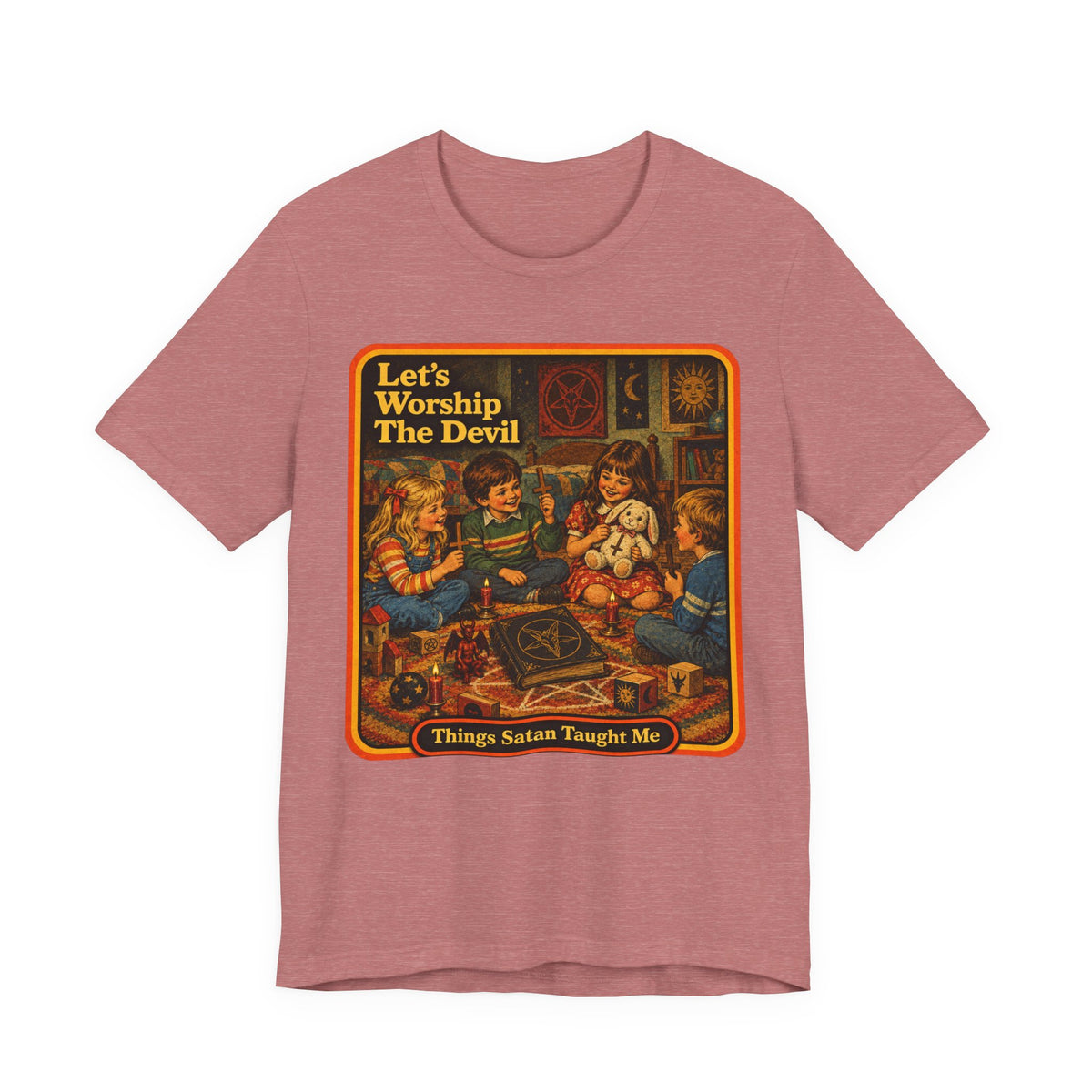 Let's Worship The Devil Unisex Tee in Heather Mauve, front