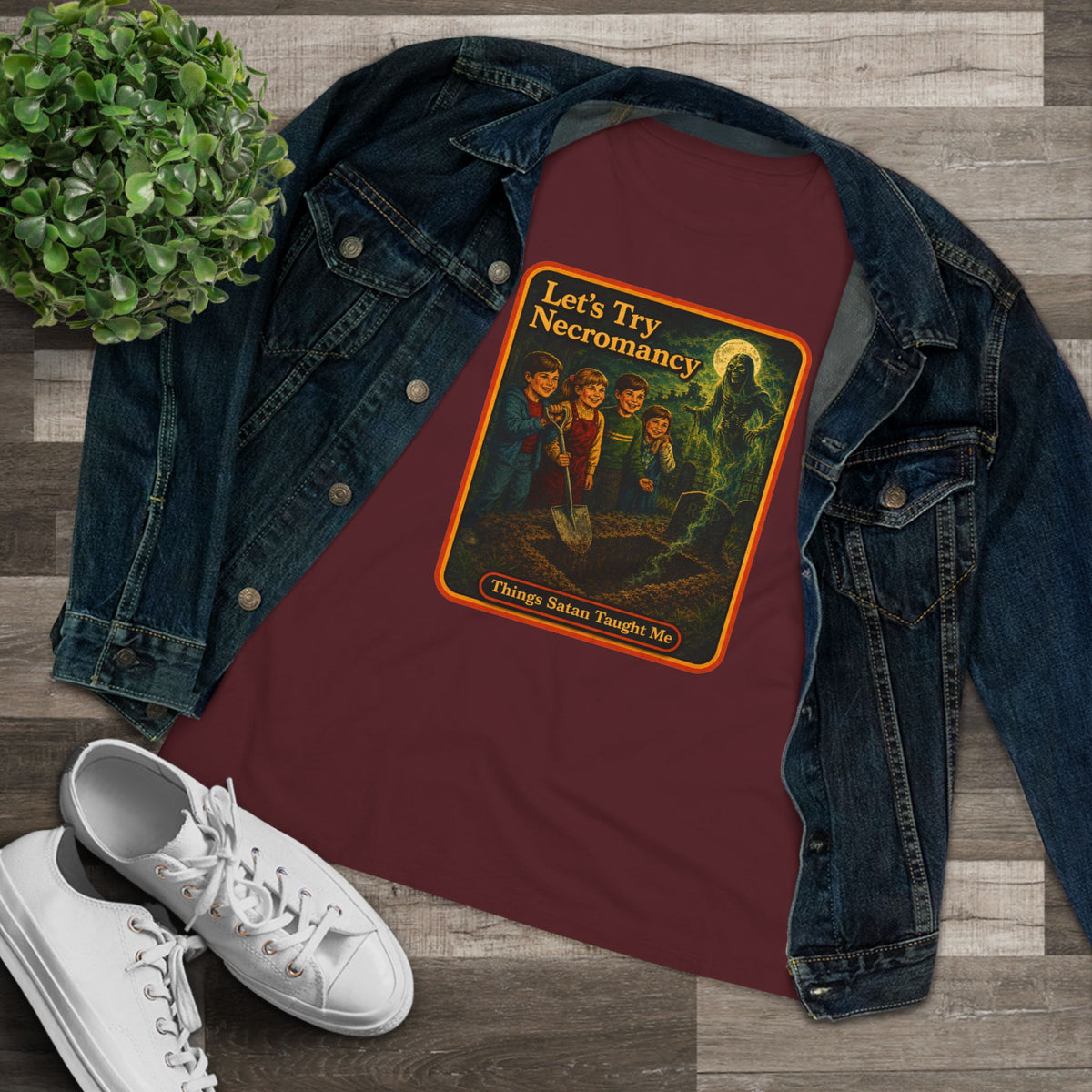 Let's Try Necromancy Women's Tee in Maroon, view 3