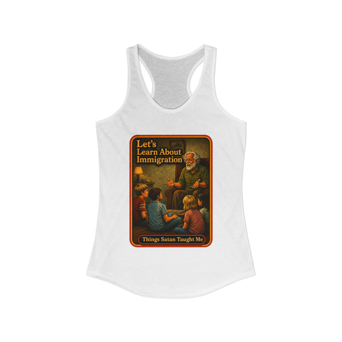 Let's Learn About Immigration Racerback Tank in White, view 2