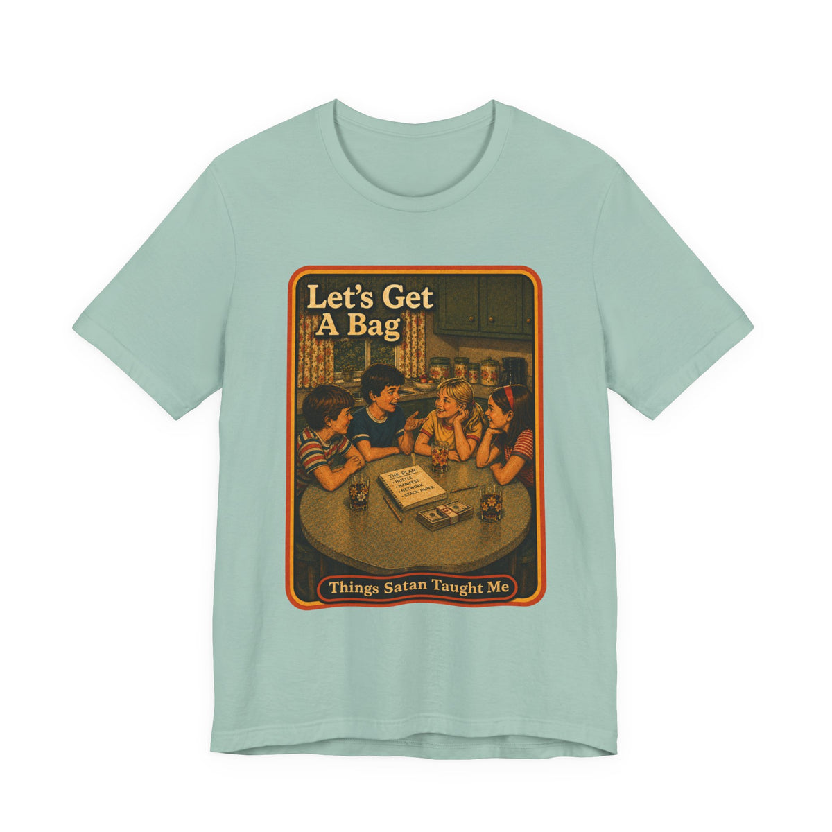 Let's Get Another Bag Unisex Tee in Dusty Blue, front