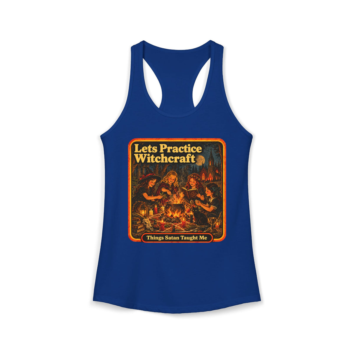 Let's Practice Witchcraft Racerback Tank in Royal, front