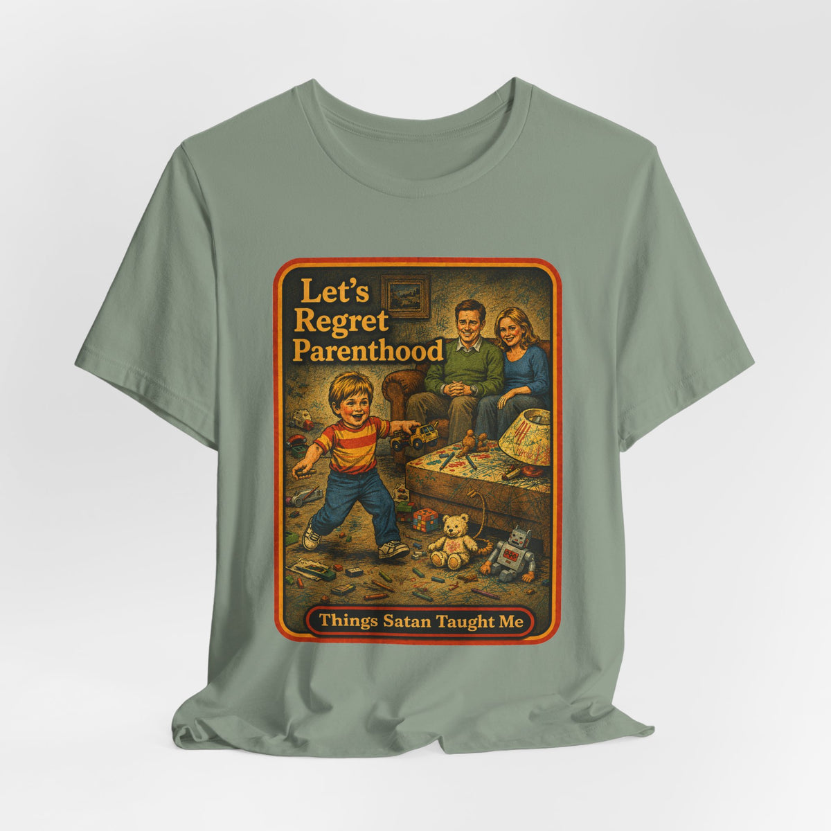 Let's Regret Parenthood Unisex Tee in Sage, view 4