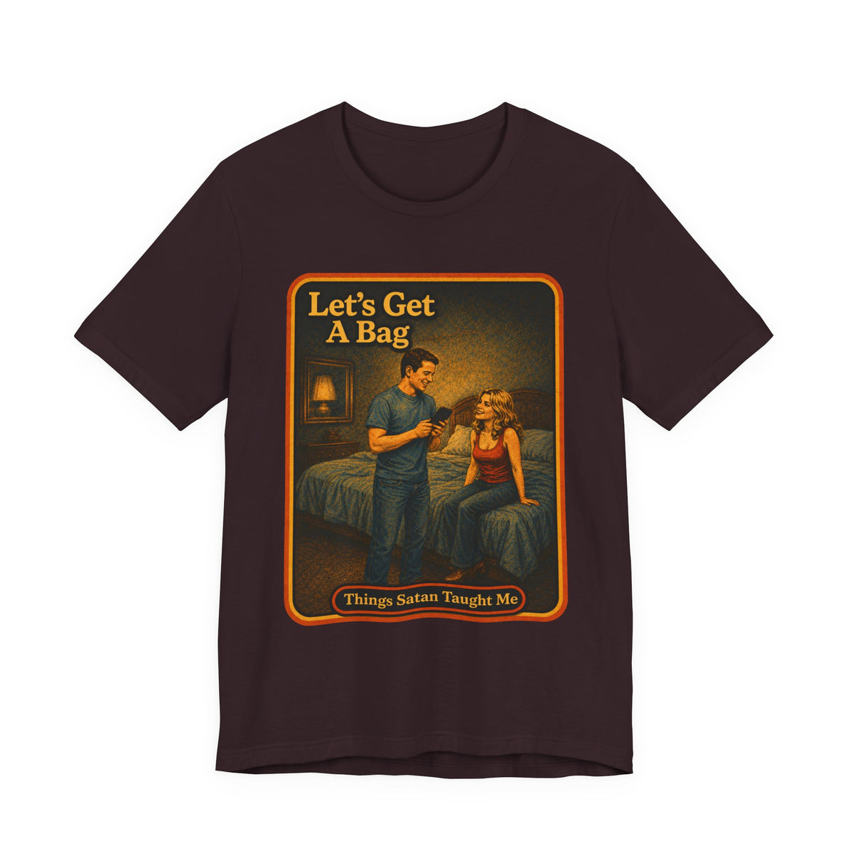Let's Get A Bag Unisex Tee in Oxblood Black, front