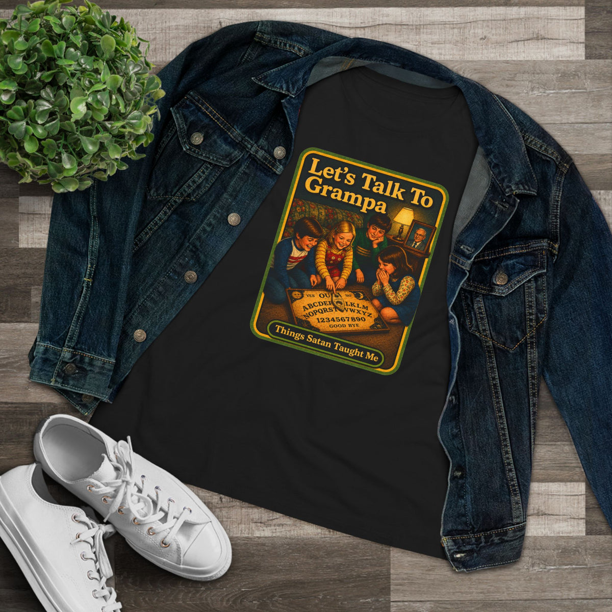 Let's Talk To Grampa Women's Tee in Black, view 3