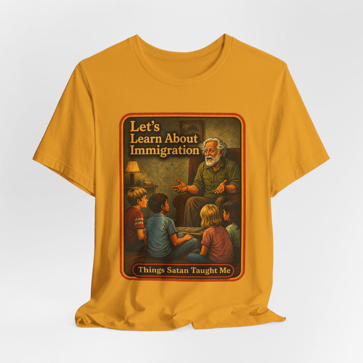 Let's Learn About Immigration Unisex Tee in Mustard, view 4