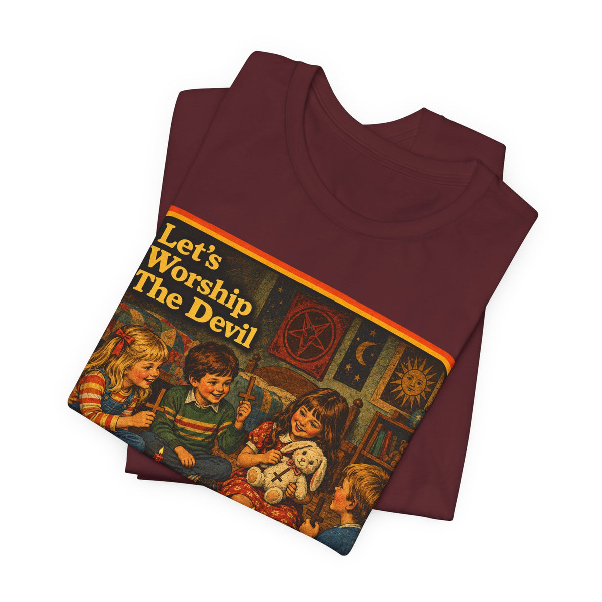 Let's Worship The Devil Unisex Tee in Maroon, view 3