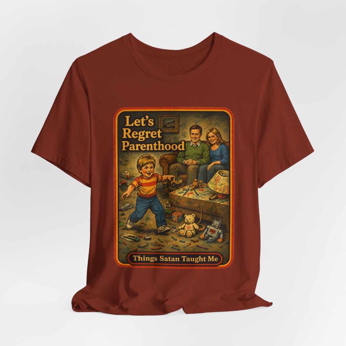 Let's Regret Parenthood Unisex Tee in Rust, view 4