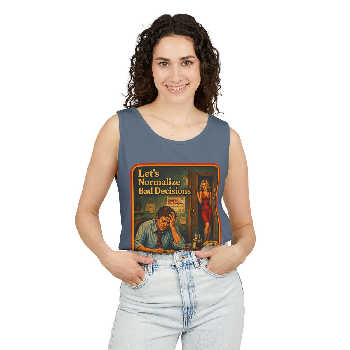 Let's Normalize Bad Decisions Wife Beater in Blue Jean, view 3