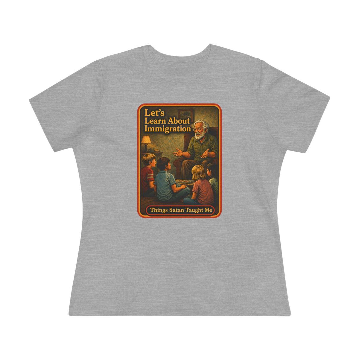 Let's Learn About Immigration Women's Tee in Athletic Heather, front