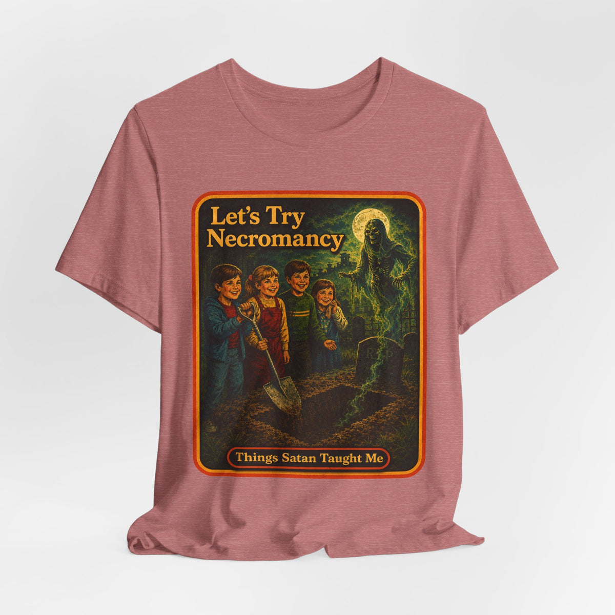 Let's Try Necromancy Unisex Tee in Heather Mauve, view 4