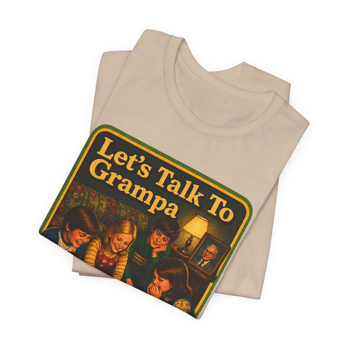 Let's Talk To Grampa Unisex Tee in Tan, view 3
