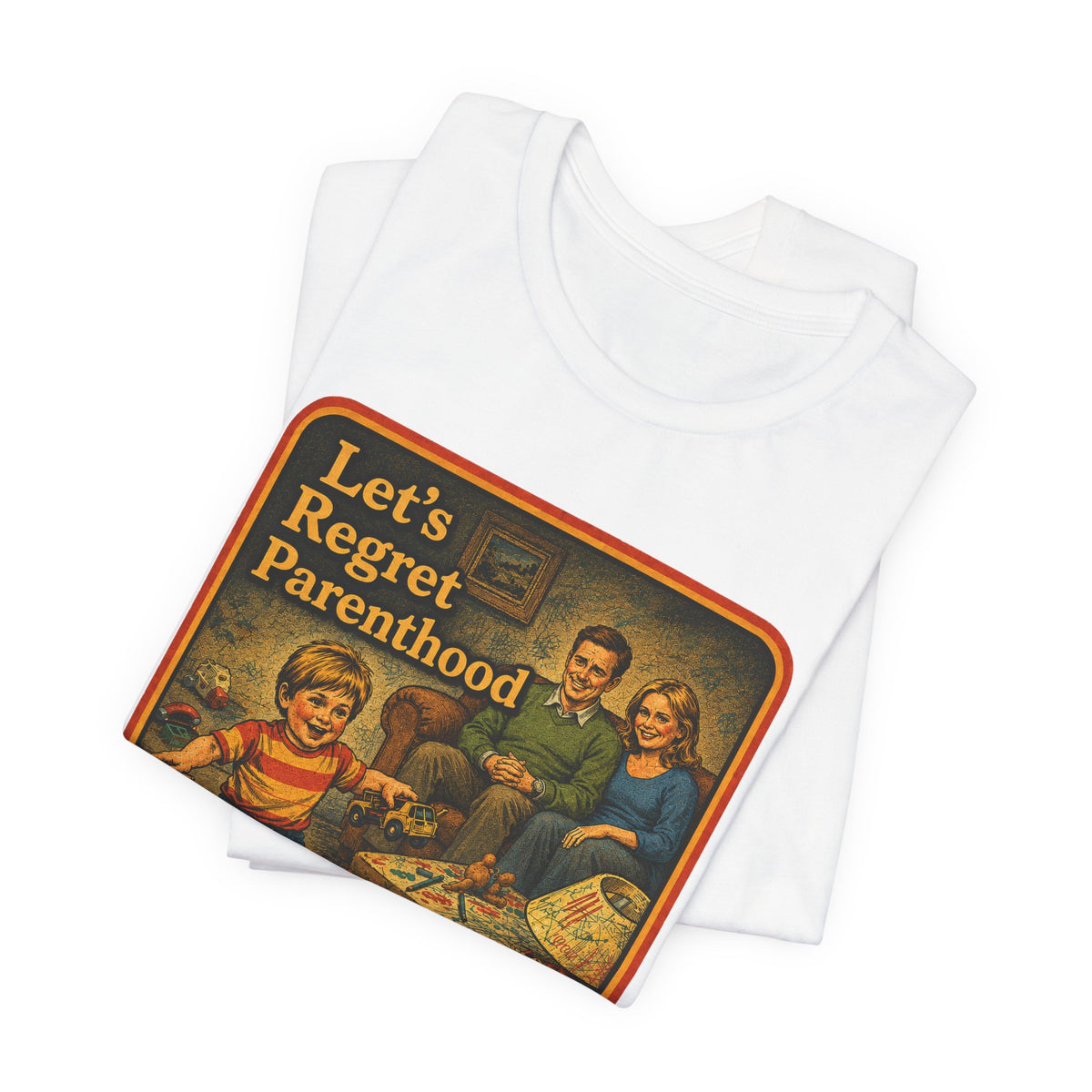 Let's Regret Parenthood Unisex Tee in White, view 3