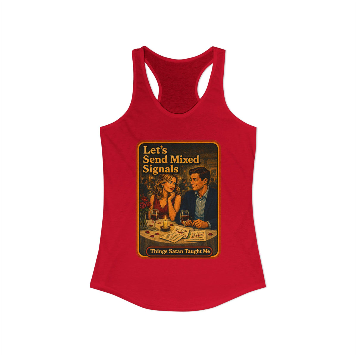 Let's Send Mixed Signals Racerback Tank in Red, view 2