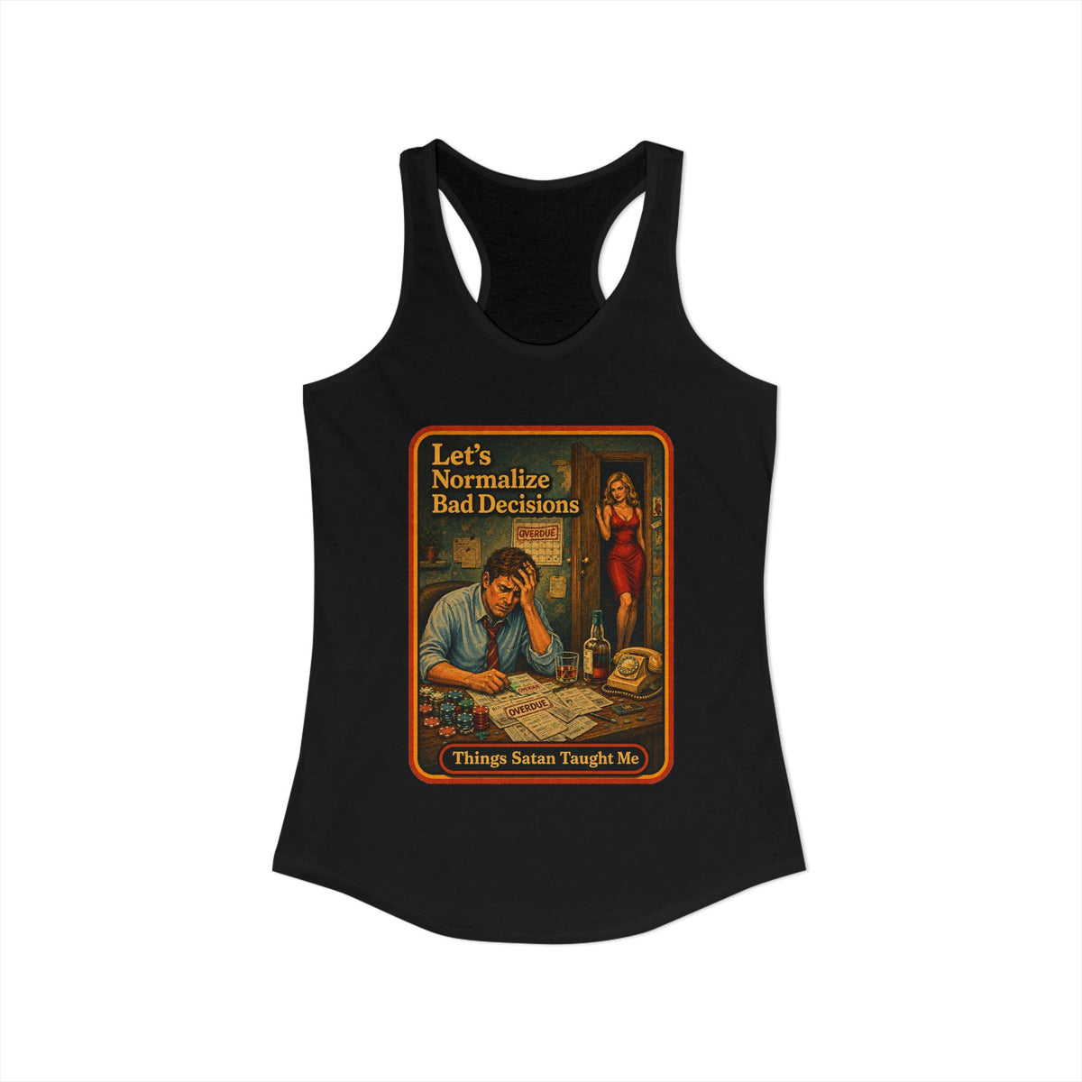 Let's Normalize Bad Decisions Racerback Tank in Black, view 2