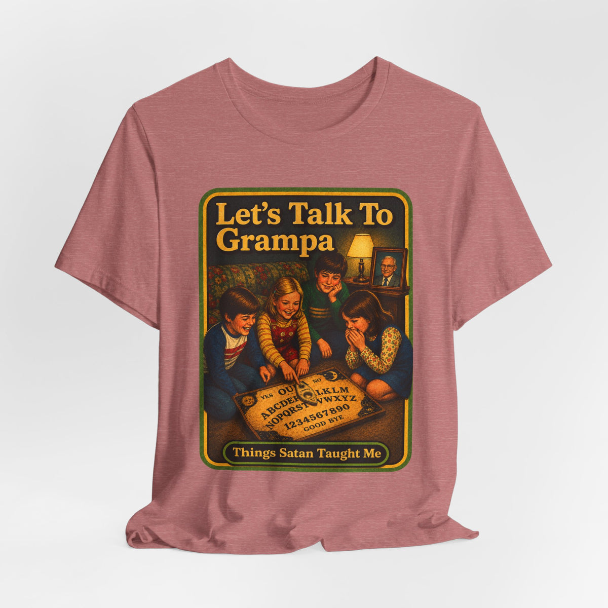 Let's Talk To Grampa Unisex Tee in Heather Mauve, view 4