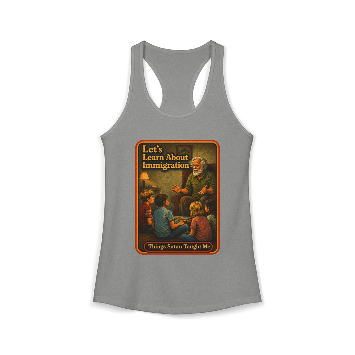 Let's Learn About Immigration Racerback Tank in Heather Grey, front