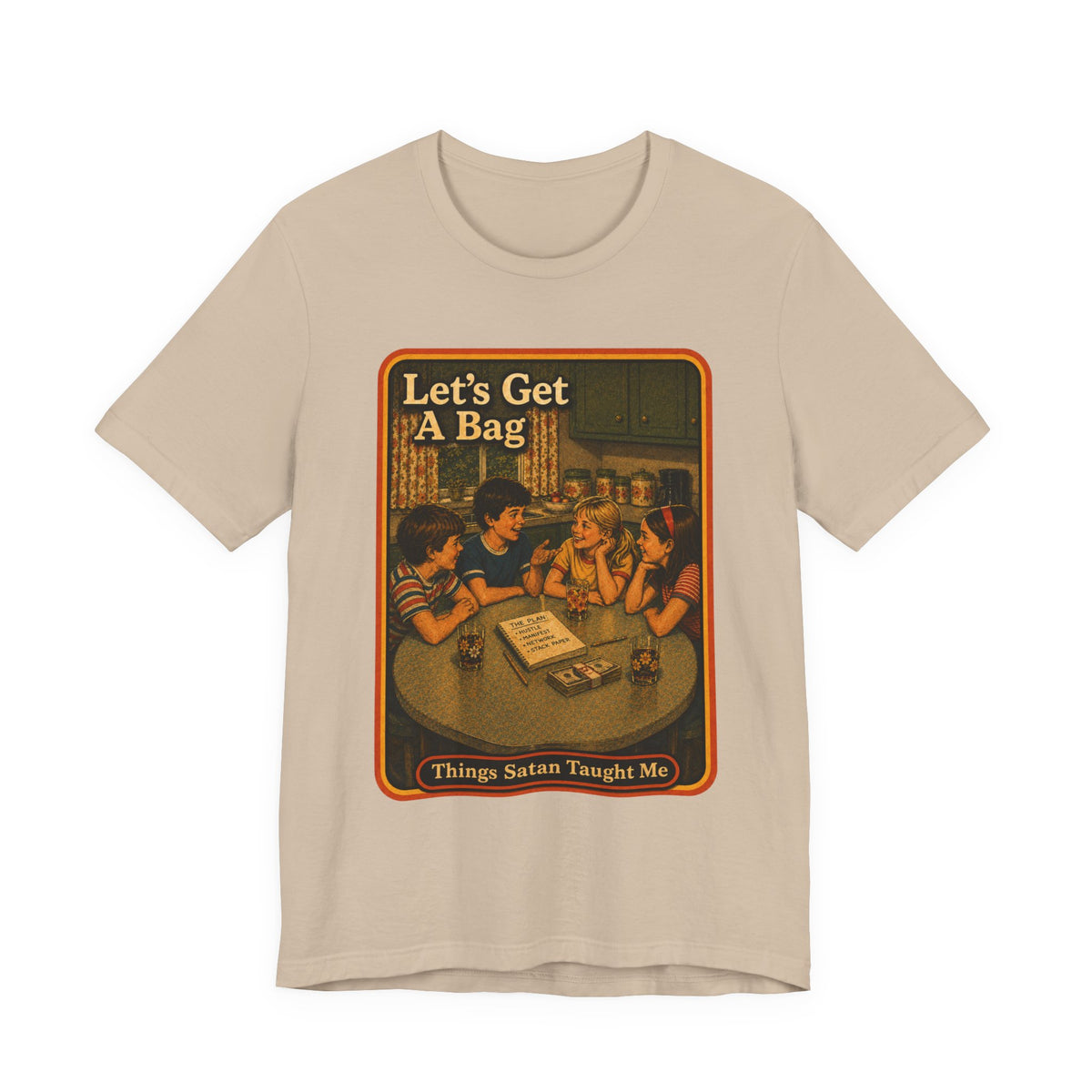 Let's Get Another Bag Unisex Tee in Tan, front