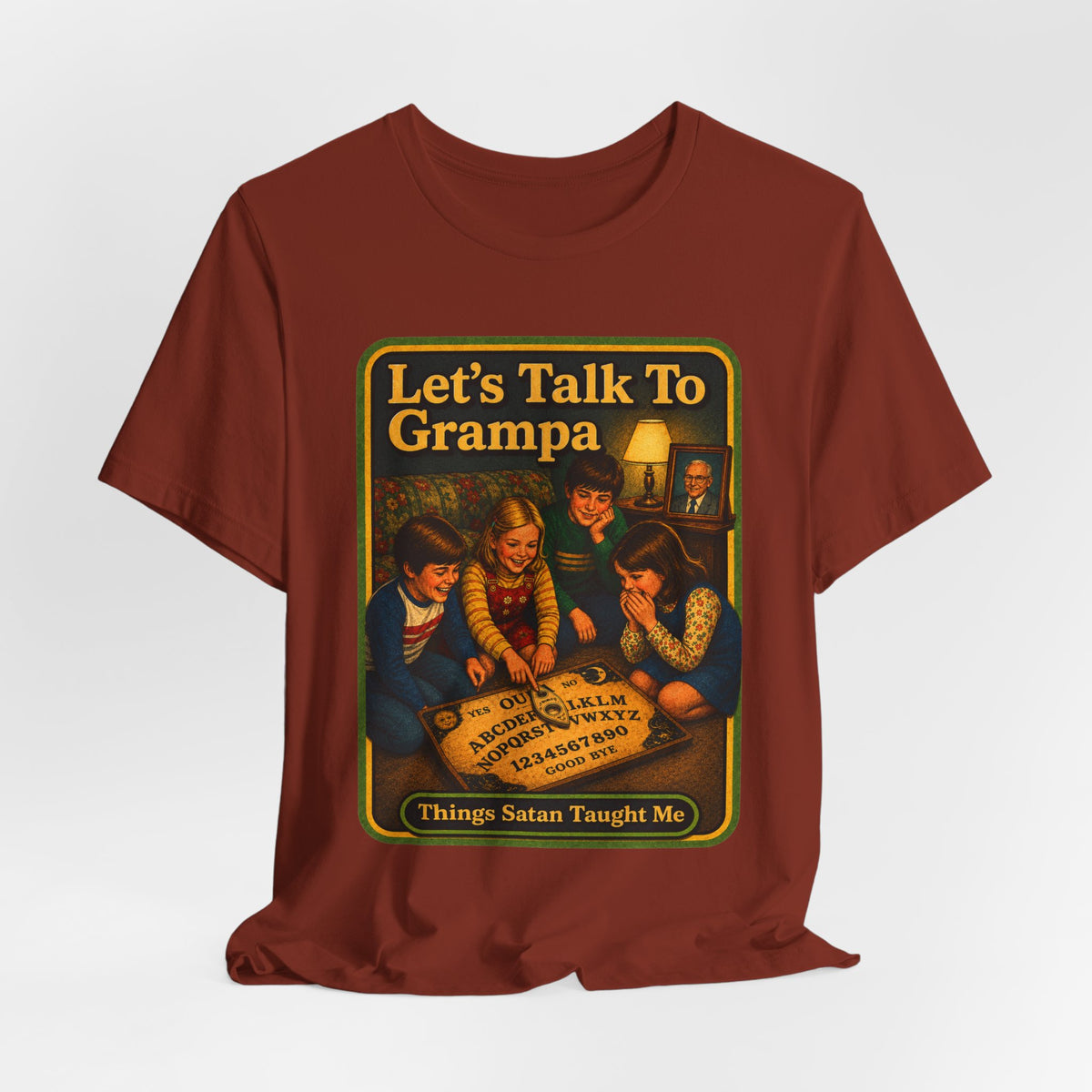 Let's Talk To Grampa Unisex Tee in Rust, view 4