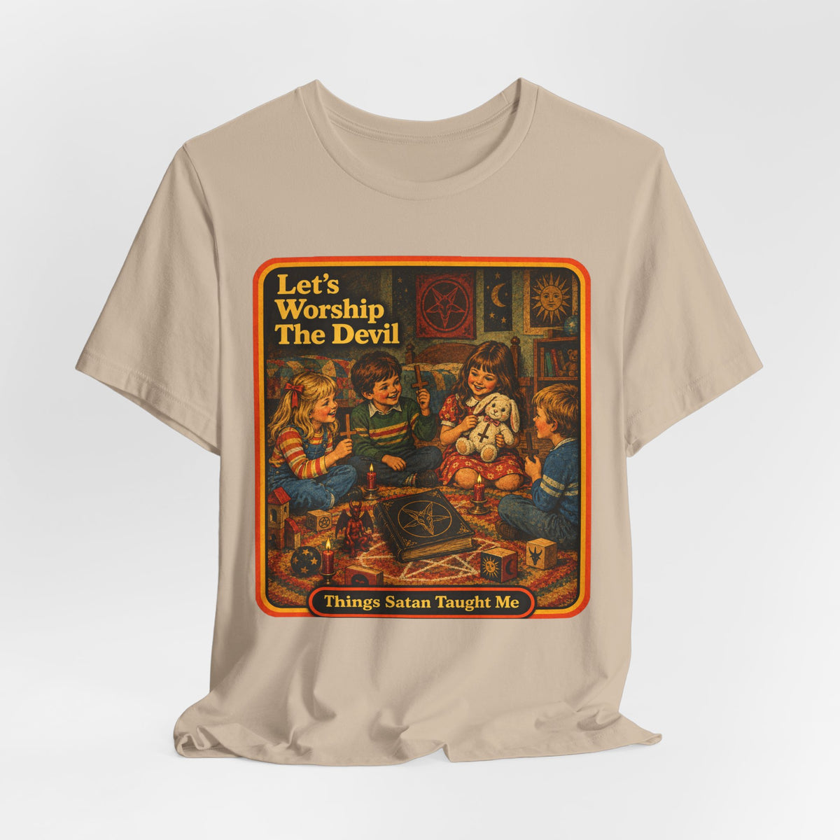 Let's Worship The Devil Unisex Tee in Tan, view 4