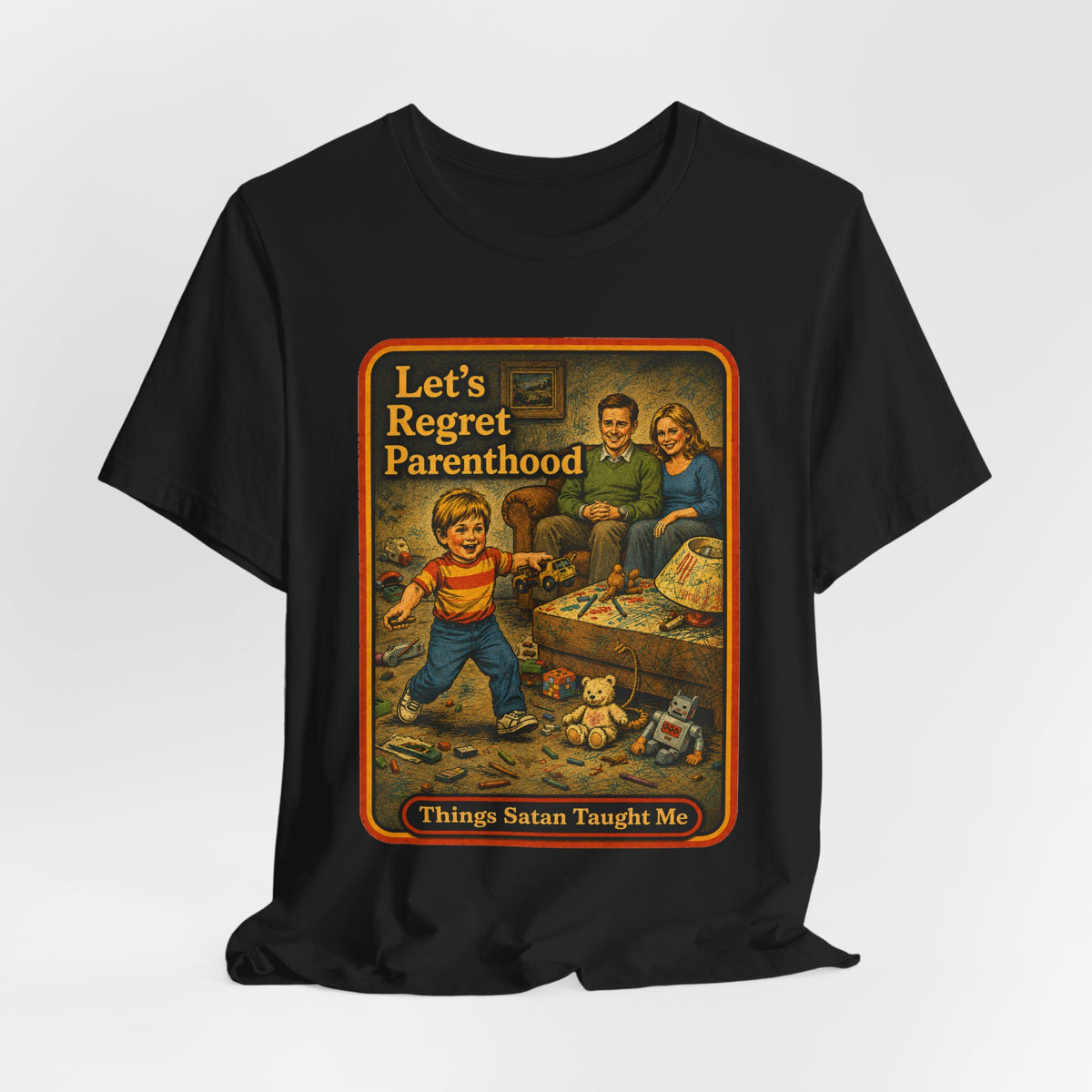 Let's Regret Parenthood Unisex Tee in Black, view 4