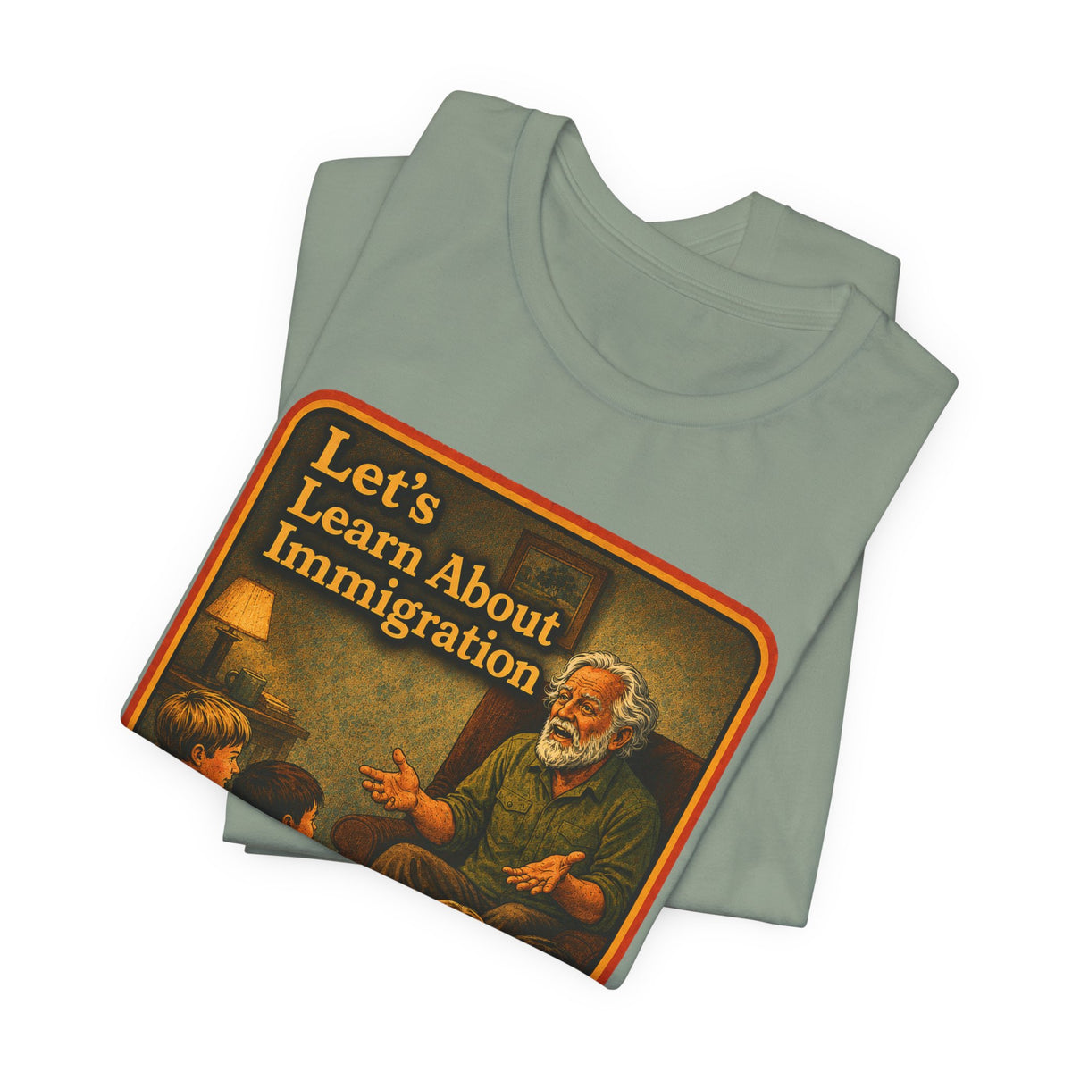Let's Learn About Immigration Unisex Tee in Sage, view 3