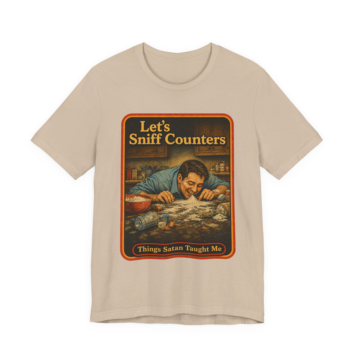 Let's Sniff Counters Unisex Tee in Tan, front