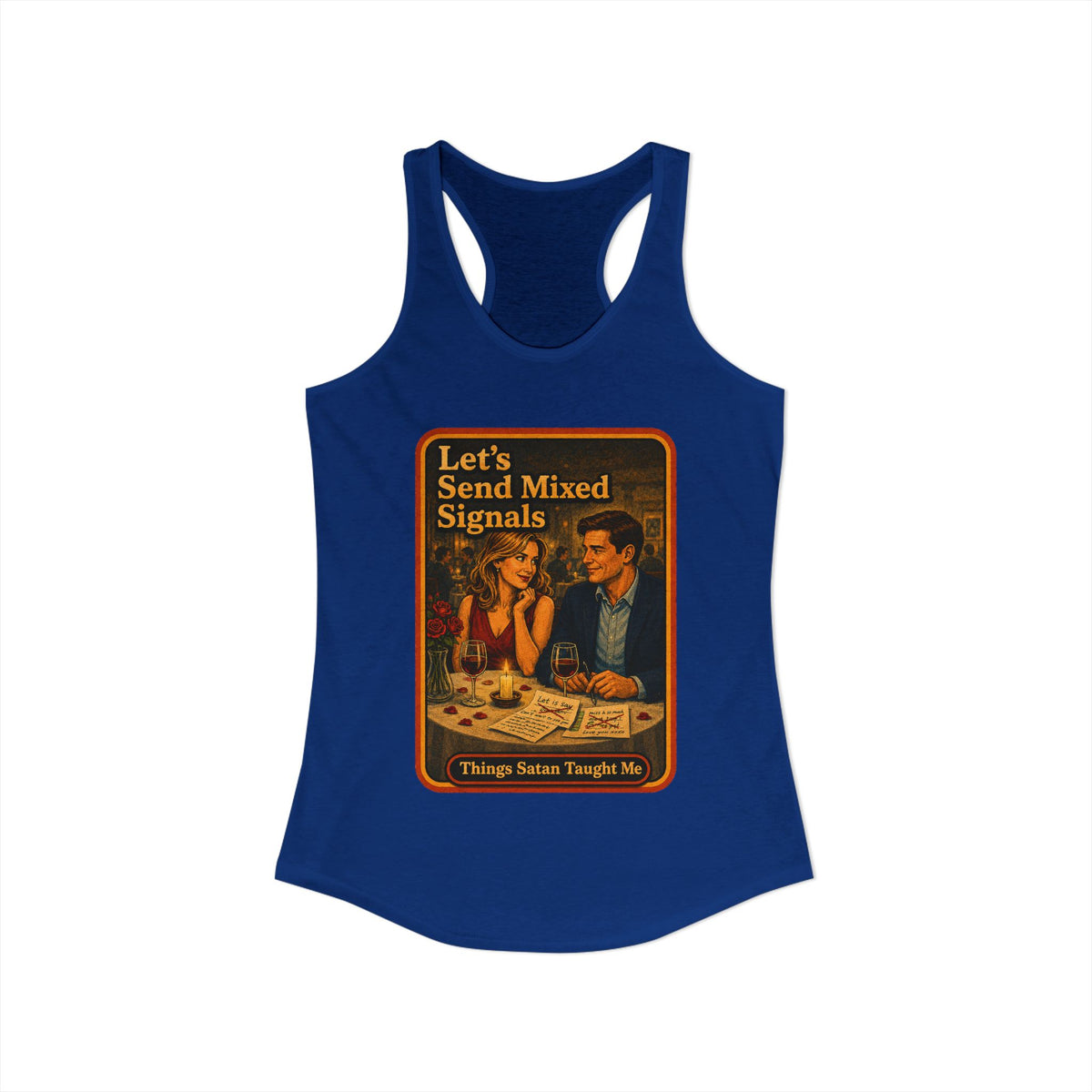 Let's Send Mixed Signals Racerback Tank in Royal, view 2