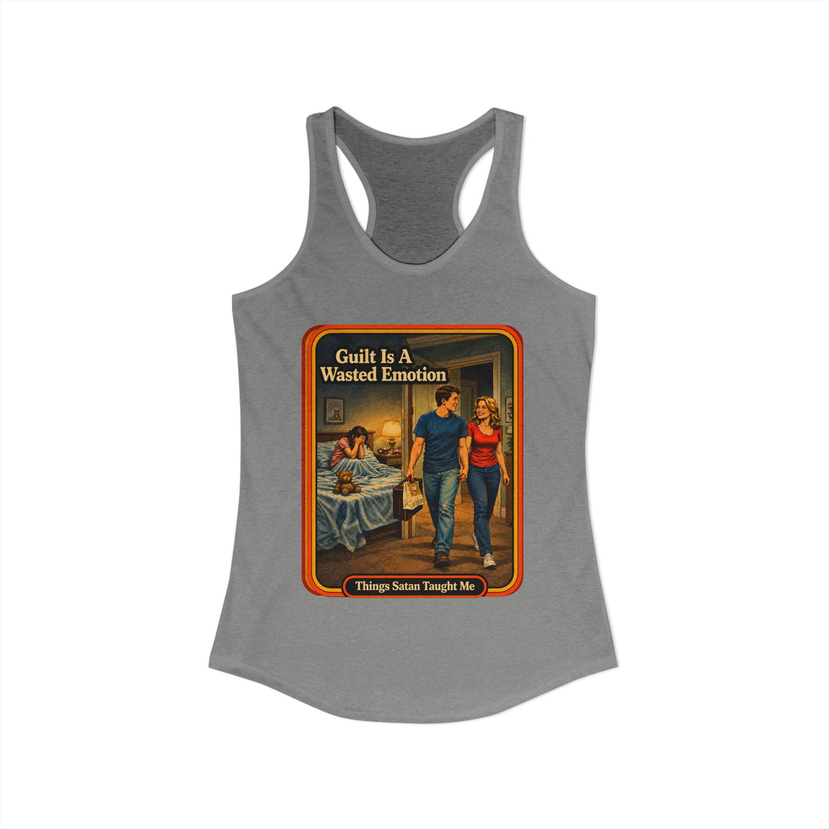 Guilt Is A Wasted Emotion Racerback Tank in Heather Grey, view 2