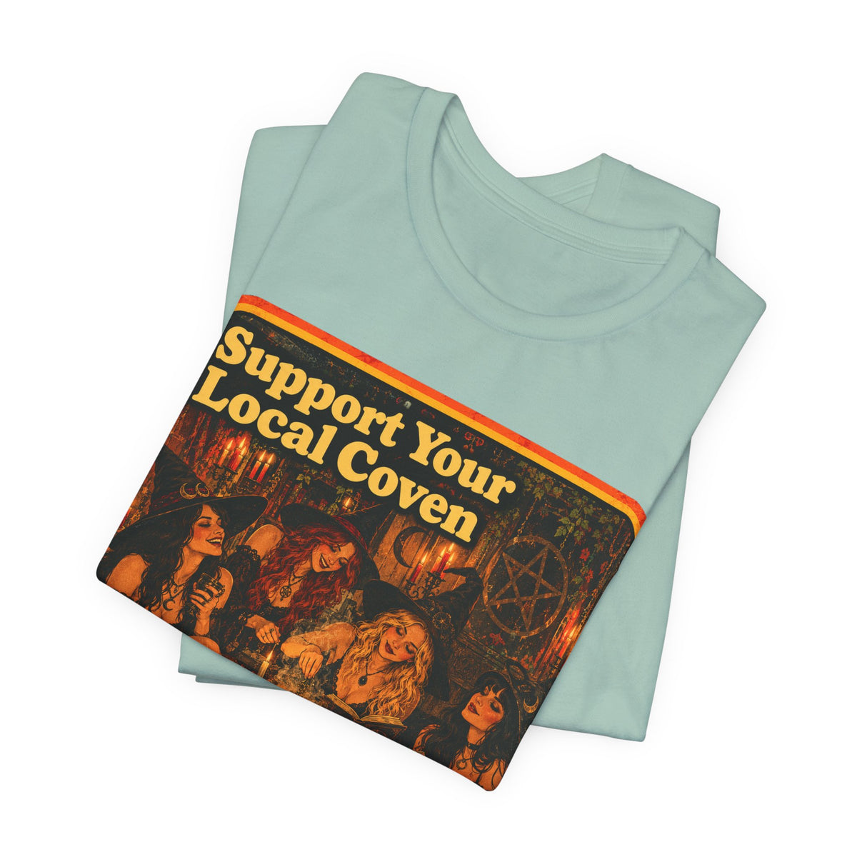 Support Your Local Coven Unisex Tee in Dusty Blue, view 3