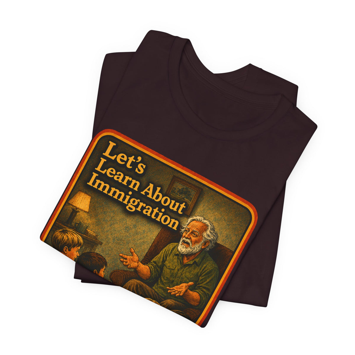 Let's Learn About Immigration Unisex Tee in Oxblood Black, view 3