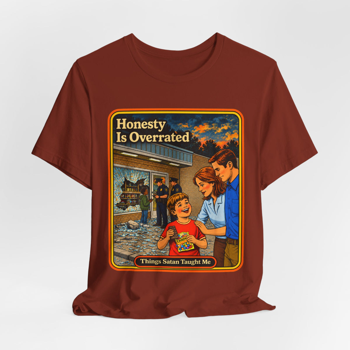 Honesty Is Overrated Unisex Tee in Rust, view 4