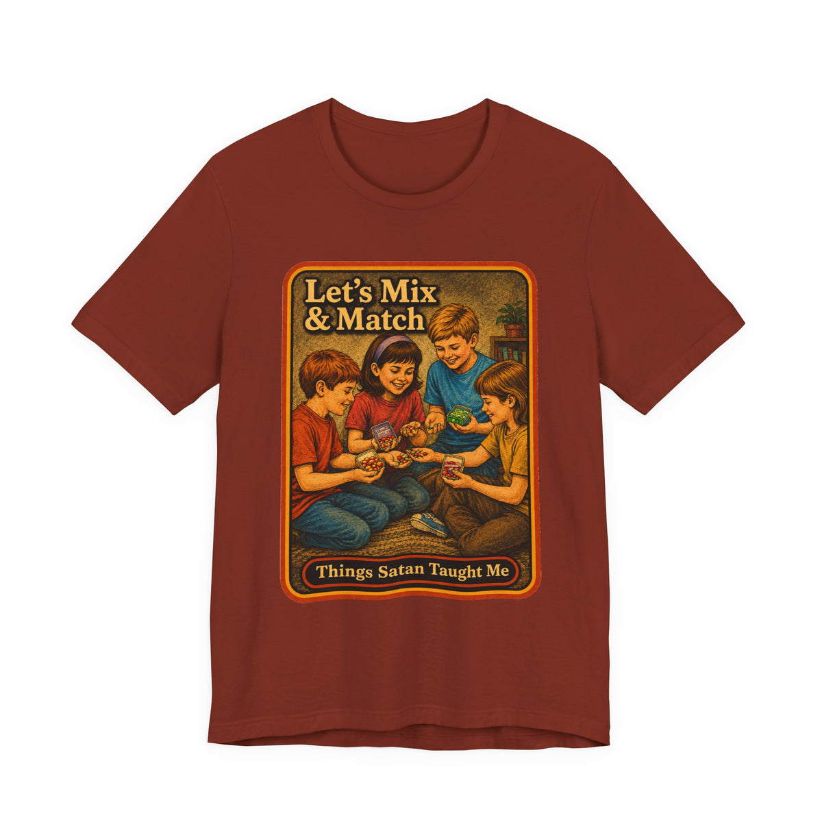 Let's Mix And Match Unisex Tee in Rust, front