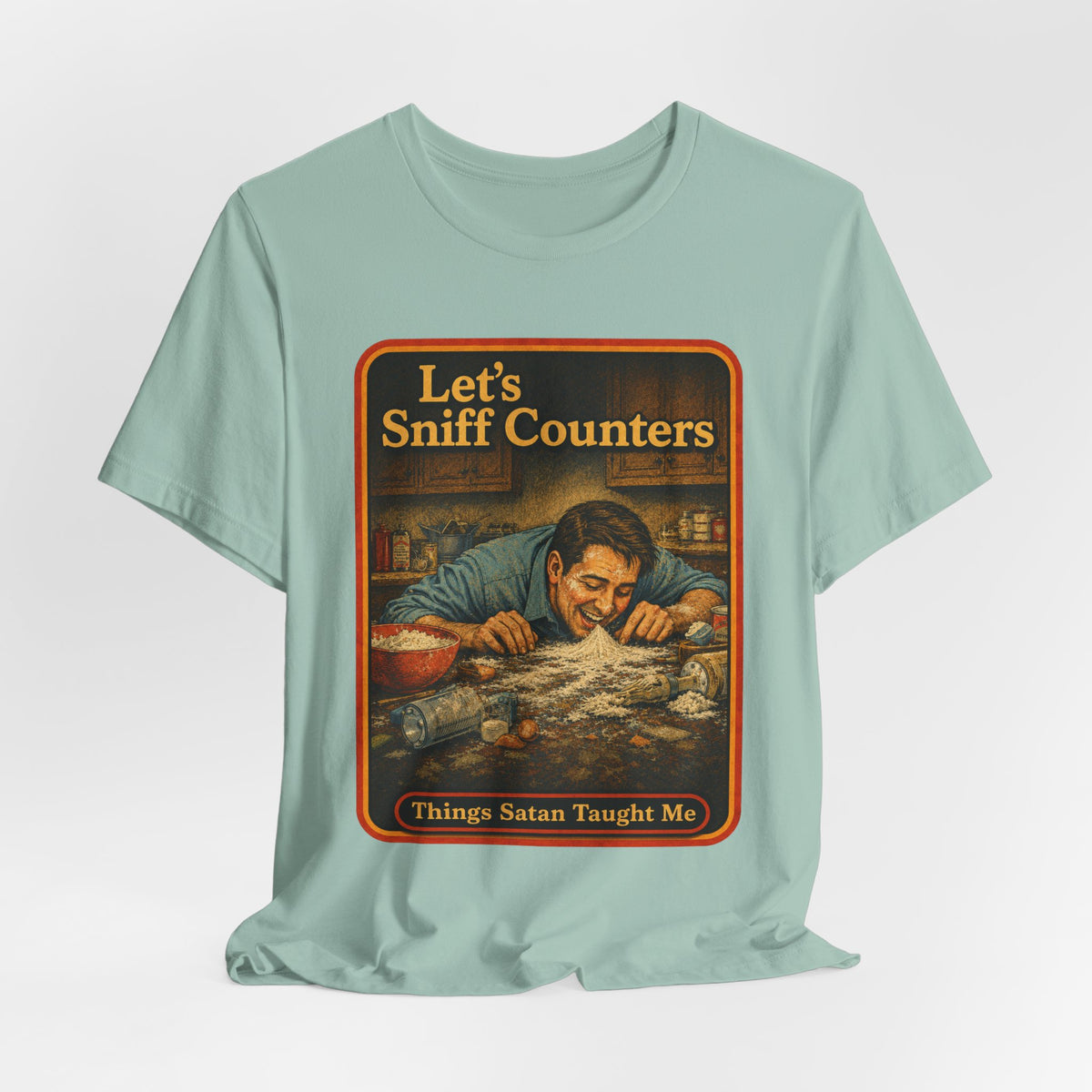 Let's Sniff Counters Unisex Tee in Dusty Blue, view 4