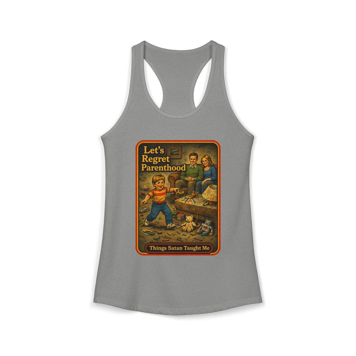 Let's Regret Parenthood Racerback Tank in Heather Grey, front