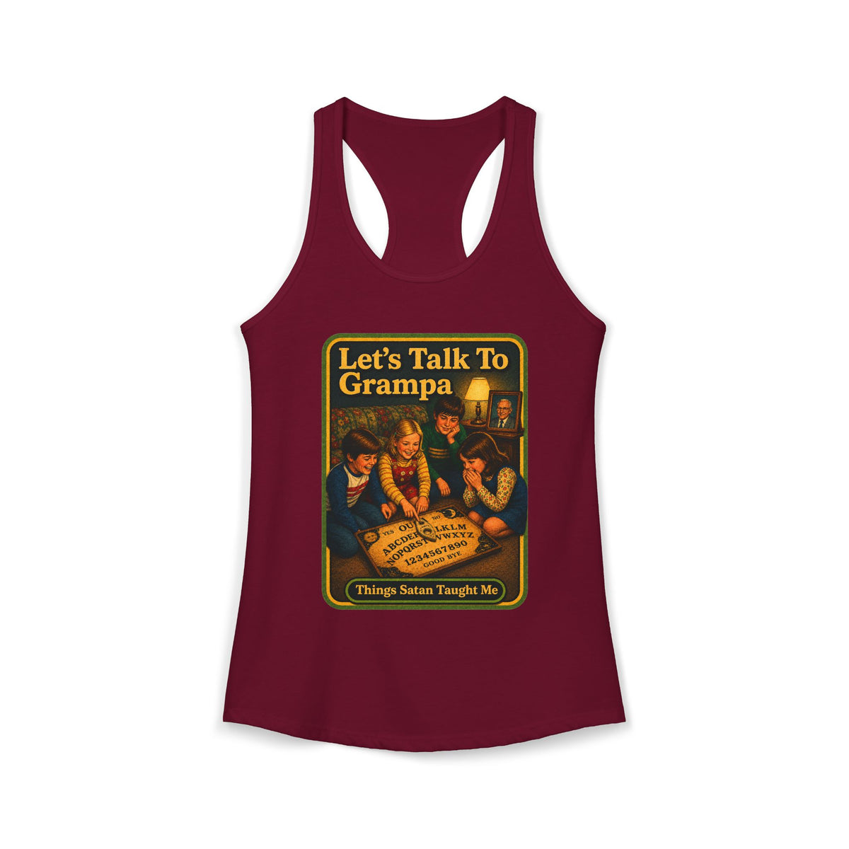 Let's Talk To Grampa Racerback Tank in Cardinal Red, front