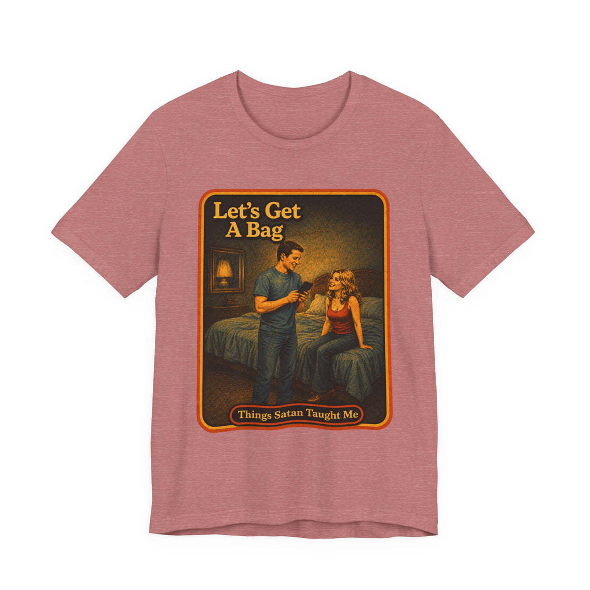 Let's Get A Bag Unisex Tee in Heather Mauve, front