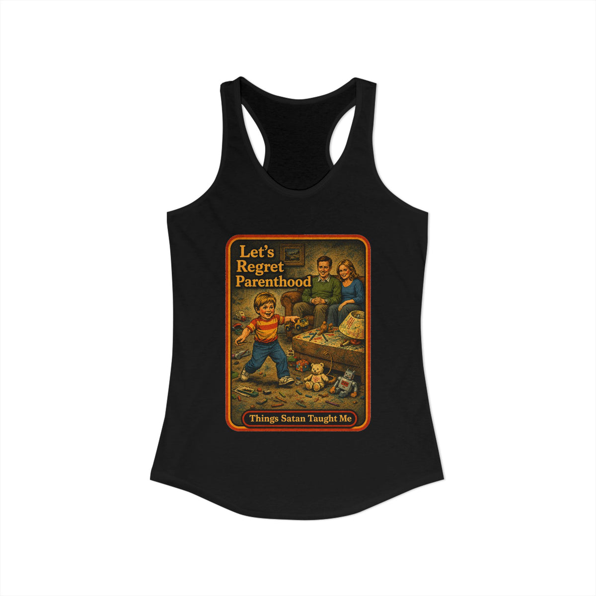 Let's Regret Parenthood Racerback Tank in Black, view 2