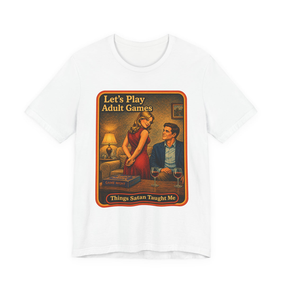 Let's Play Adult Games Unisex Tee in White, front
