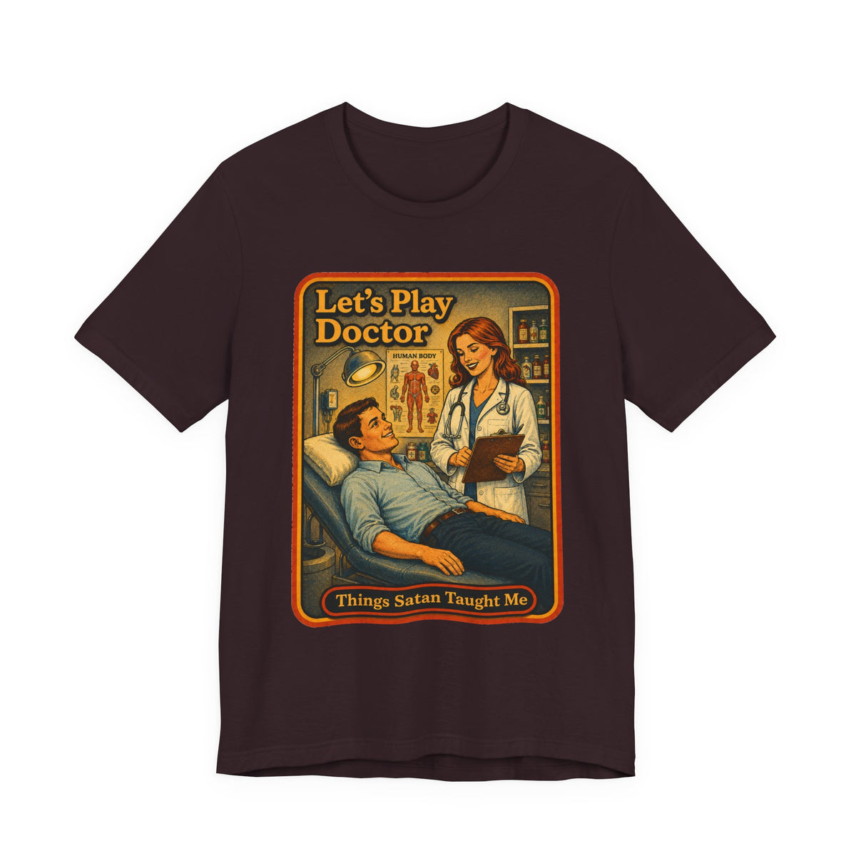 Let's Play Doctor Unisex Tee in Oxblood Black, front