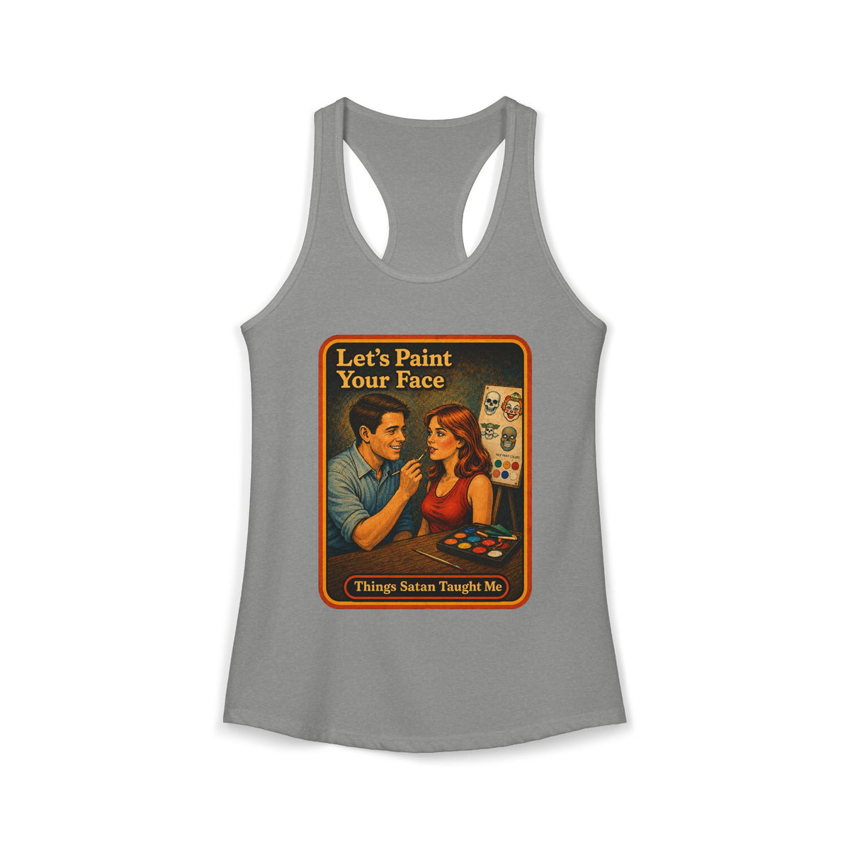 Let's Paint Your Face Racerback Tank in Heather Grey, front