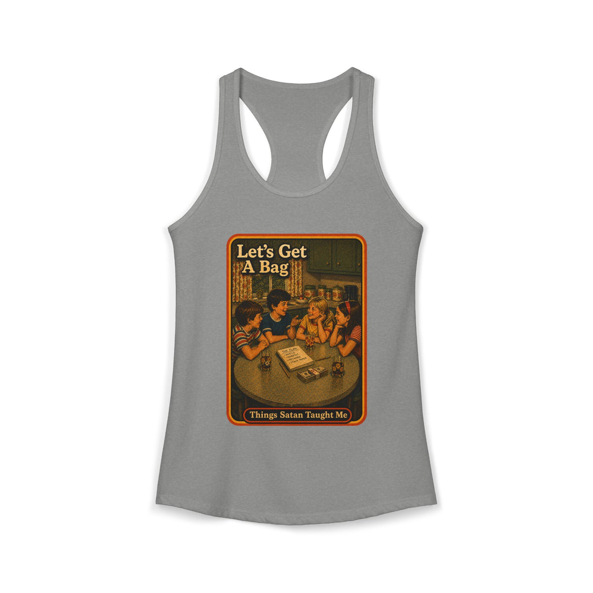 Let's Get Another Bag Racerback Tank in Heather Grey, front