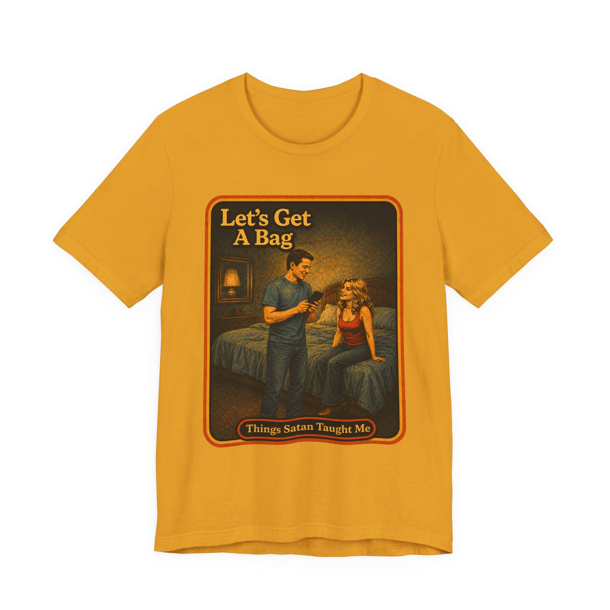 Let's Get A Bag Unisex Tee in Mustard, front